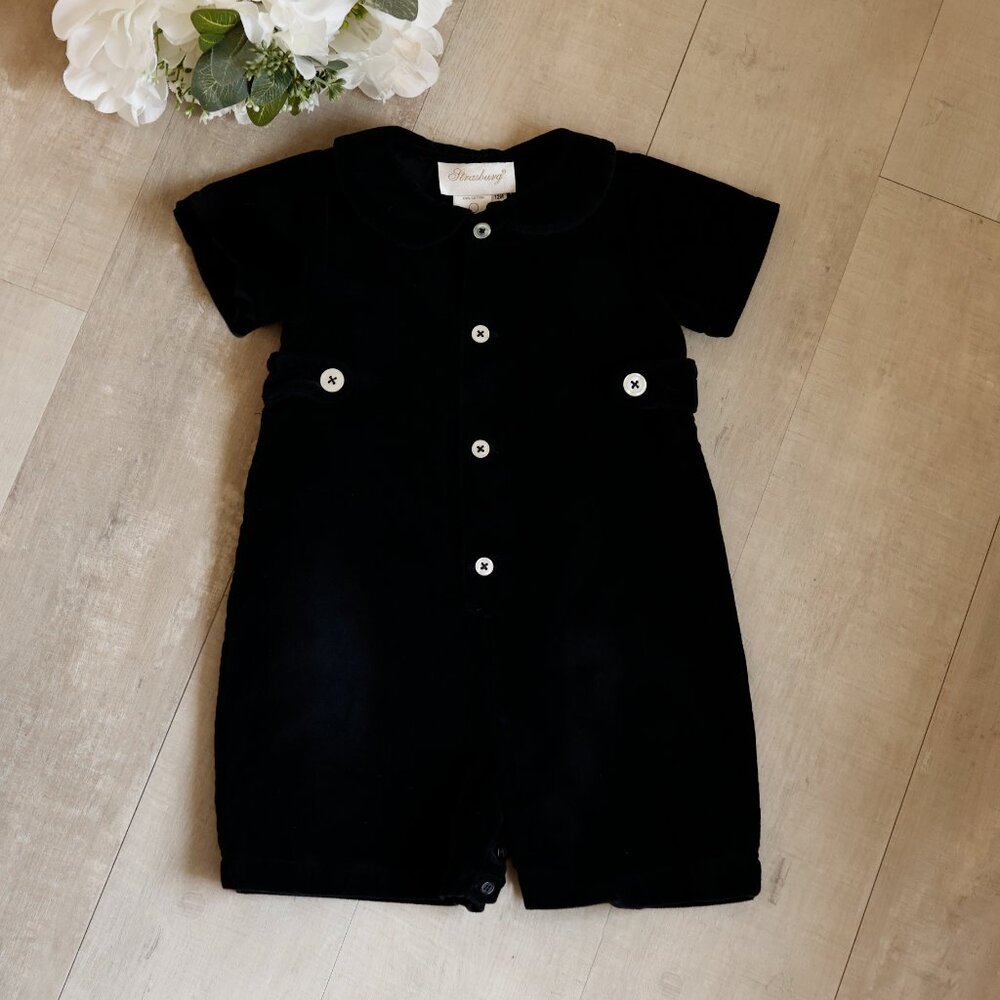 RARE Strasburg Black Cotton Velvet Boy's Shortall Romper 6/9 Month NEW